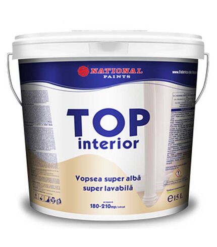 Vopsea superlavabila TOP interior 15L este o vopsea lavabilă în emulsie apoasă pentru zugrăveli interioare. Se caracterizează prin gradul de alb superior, putere foarte bună de acoperire, aplicare ușoară.