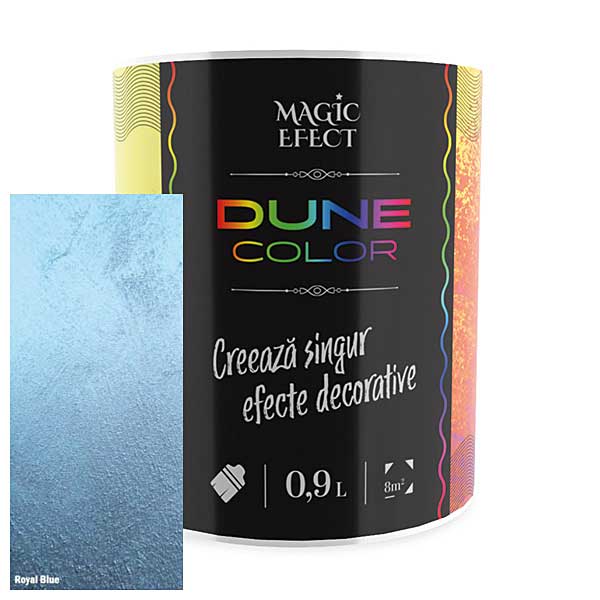 Vopsea cu efect decorativ Magic Efect dune royal blue este o vopsea acrilică pe bază de apă, pigmenți perlați, nisipuri fine cuarțoase și aditivi speciali.